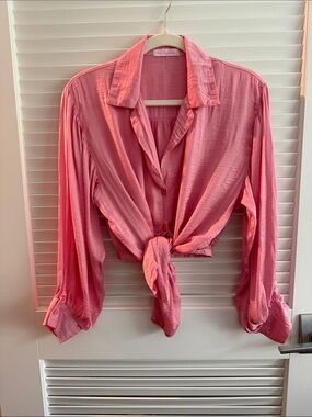 Pink Tie-Front Button-Down Blouse